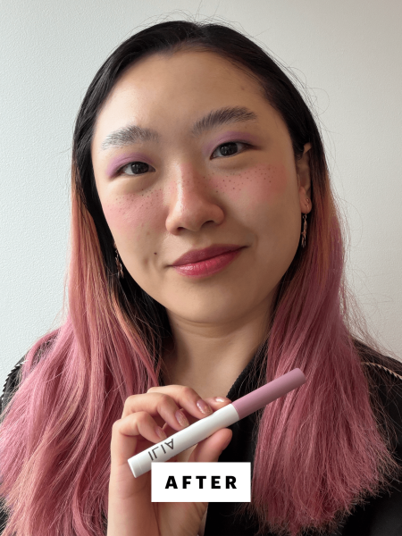 A selfie of Allure commerce editor Sarah Han after applying the Ilia Eye Stylus Shadow Stick in Nymph